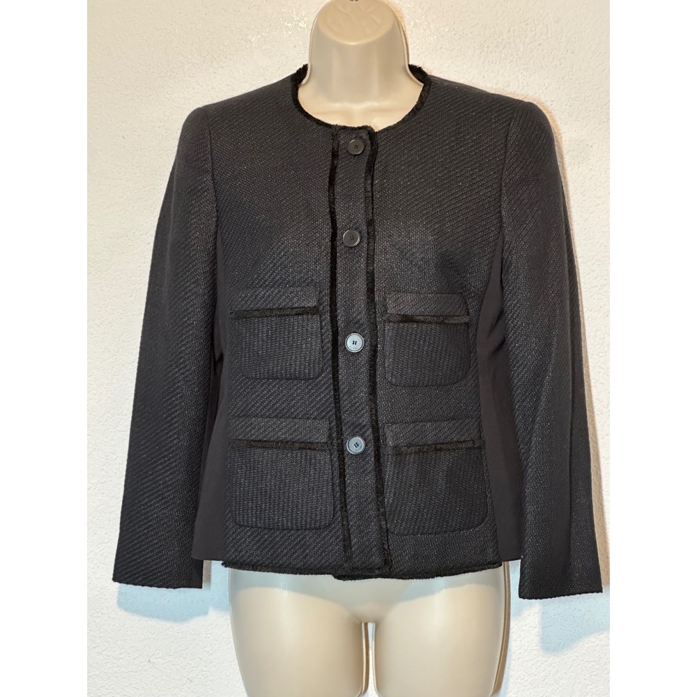 Escada Black Textured Tweed Lady Jacket Button Front Fringe Trim Size 34
